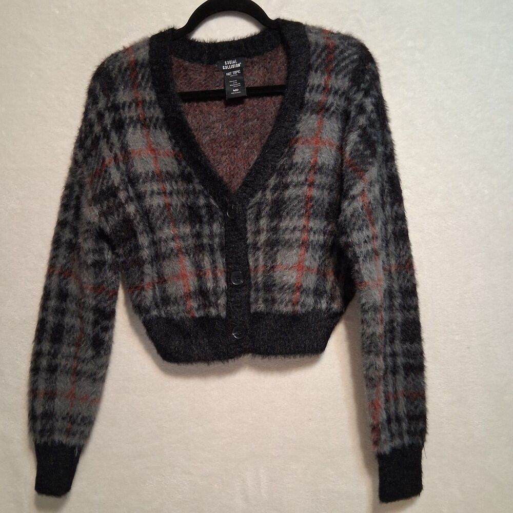 Hot Topic Social Collision M Cardigan Sweater Gray Plaid Cropped Gothic Punk